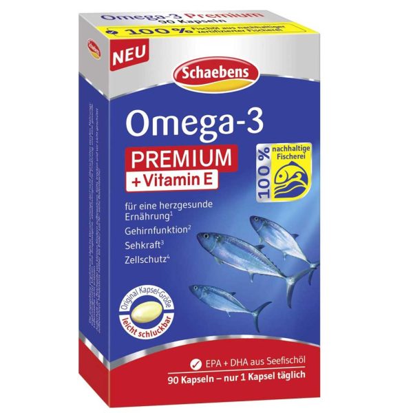 کپسول امگا 3 شابنز حاوی ویتامین E بهبود عملکرد قلب و سیستم ایمنی بدن schaebens omega 3