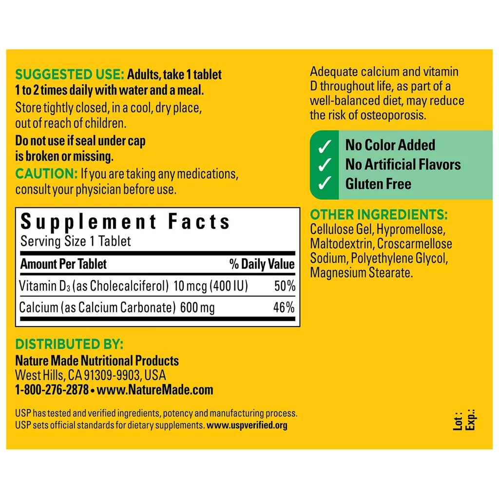 مکمل کلسیم 600mg و D3 نیچر مید اصل آمریکا سلامت استخوان و دندان